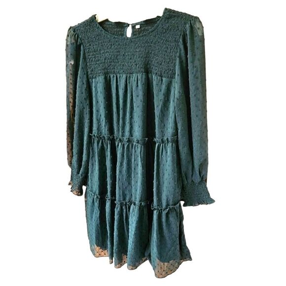 NWOT Women's Emrald Green Layered Clip Dot Ruffle Midi Dress👗 - Picture 6 of 14